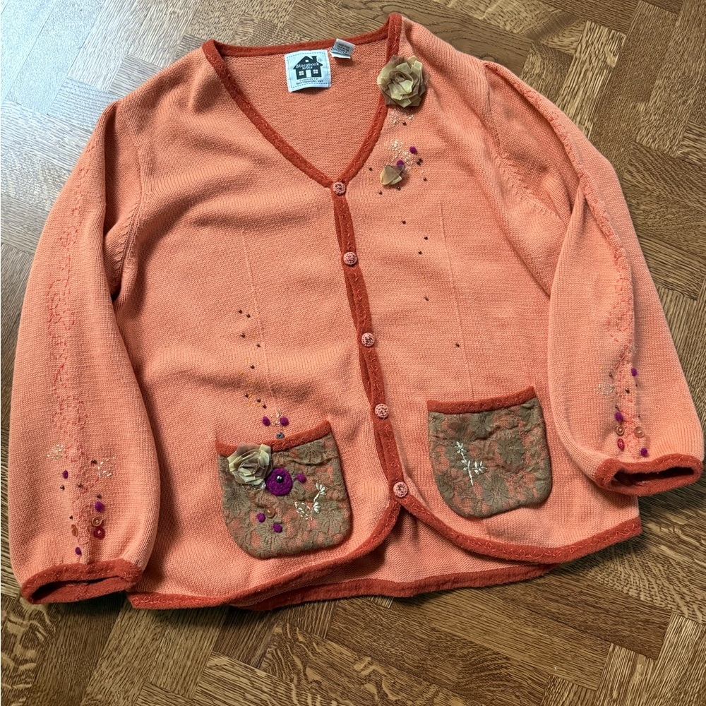 STORYBOOK KNITS Vintage 3D Floral Cardigan Sweater Cottagecore Grannie Beaded 2X